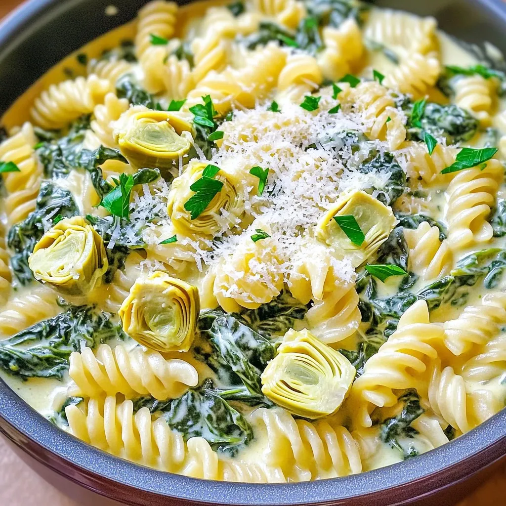 One-Pot Creamy Spinach Artichoke Pasta Delight