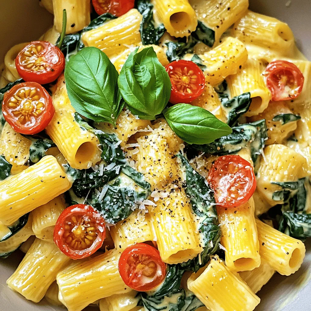 Creamy Rigatoni with Spinach and Tomato Delight