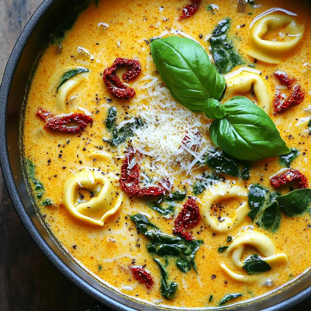 One-Pot Creamy Sun-Dried Tomato Tortellini Soup Delight